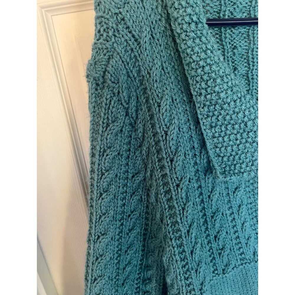 Handmade Blue Cable Knit Bell Sleeve Cardigan Sweater Size Medium - Picture 5 of 10